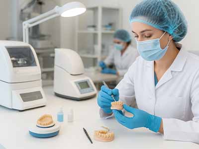 What are the departments in a dental laboratory and what are their main responsibilities?